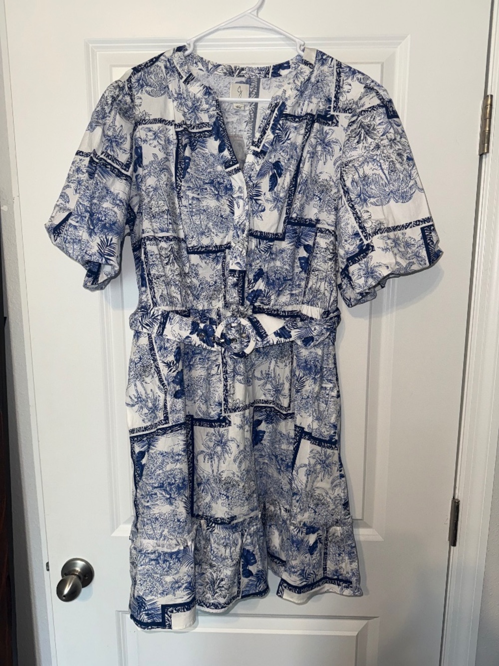 Joie puff sleeve, belted patchwork blue dress NWOT size 14